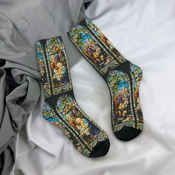 Stained Glass Jesus Christ God Religious Gothic Goth Unisex Crew Socks - Picture 4 of 8